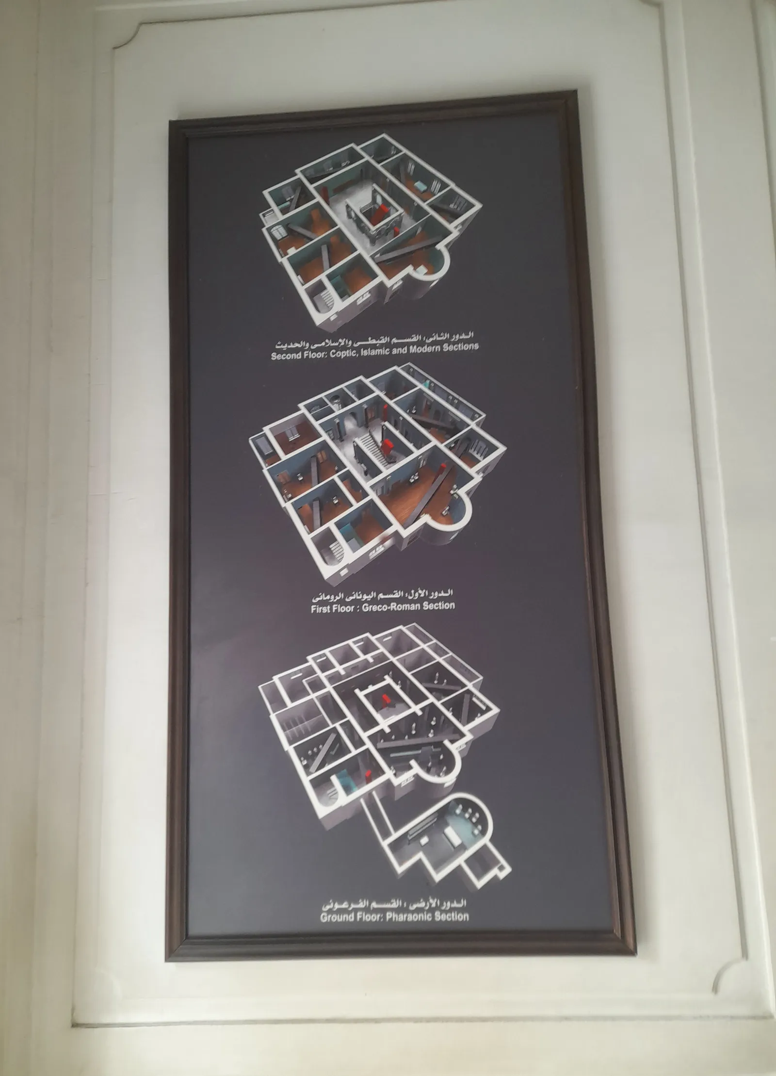A framed floor-plan diagram showing the museum's Pharaonic, Greco-Roman, and Coptic and Islamic exhibit sections.