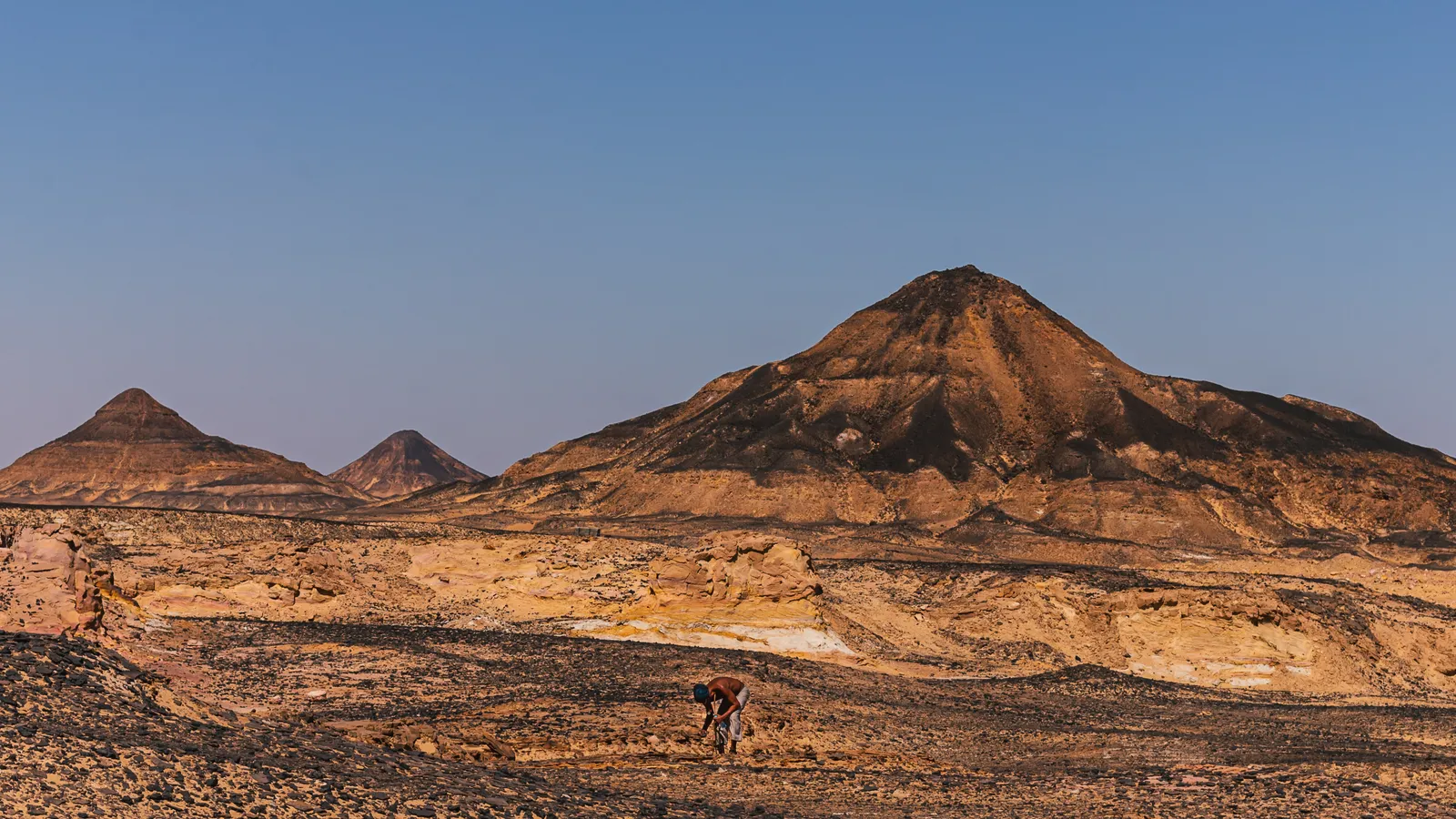A wide desert panorama of golden sand tracks leading toward black volcanic peaks, with a single 4x4 vehicle visible in the distance.