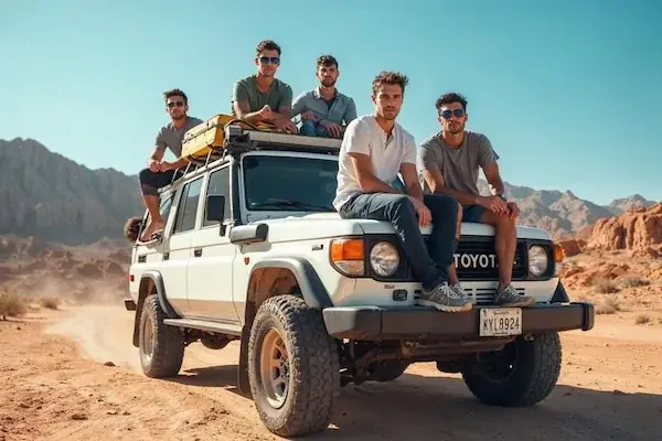 Five young men posing on the roof and hood of a white 4x4 vehicle in a rocky desert landscape.