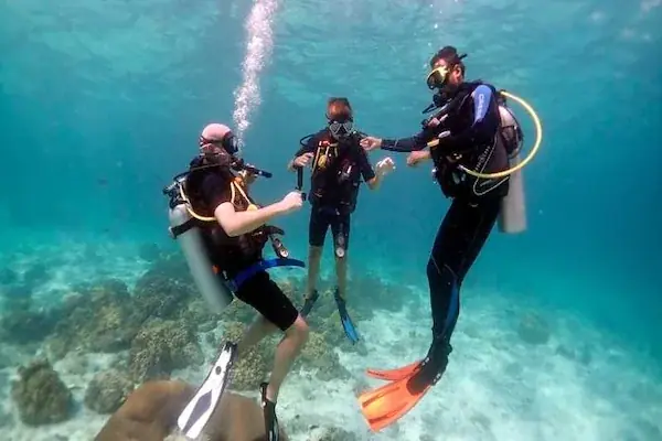 Three scuba divers hovering underwater above a reef, one giving hand signals to the group.
