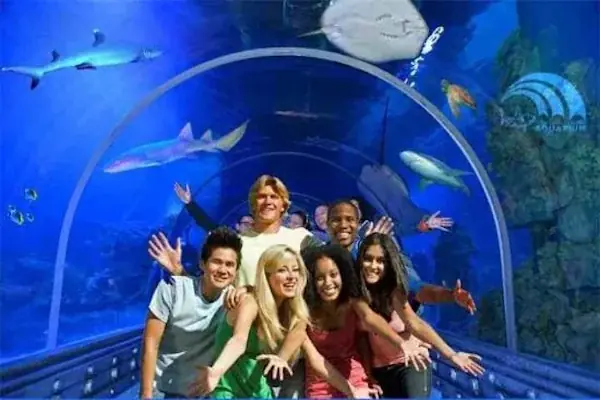 A group of tourists pose and wave inside an aquarium tunnel with a shark and stingray visible, an aquarium logo in the corner.