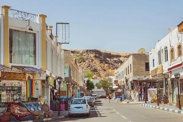 Tourists walking along a palm-lined pedestrian promenade past reddish buildings with shops and cafes.