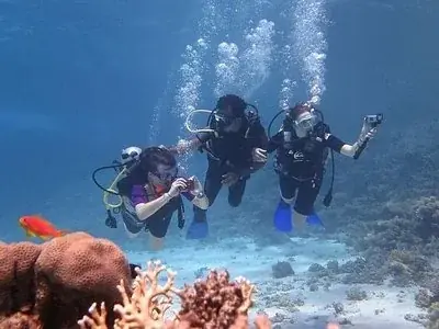 An instructor and student float horizontally side by side in a training pool, each wearing a single scuba cylinder.
