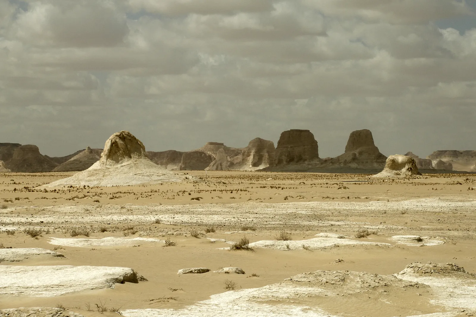 Six people riding red and white quad bikes in a line across desert sand dunes, cheering with hands raised.