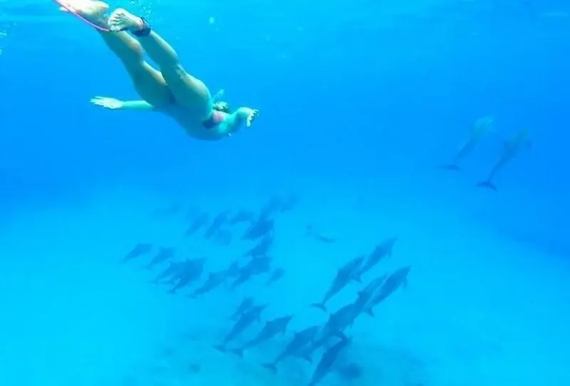 Smiling diver wearing a mask with a large dive boat and other divers in the background.