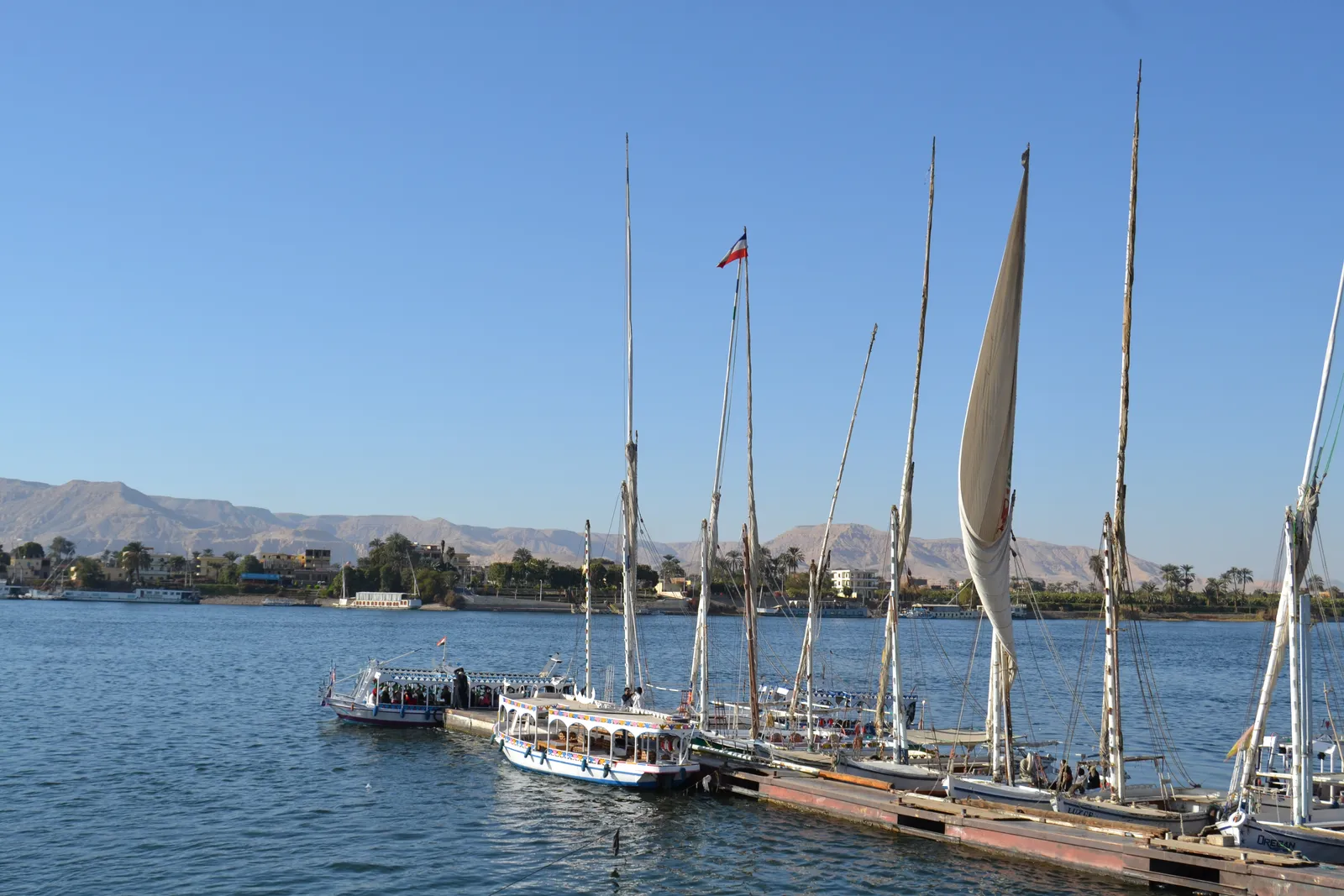 A traditional felucca sailboat with a tall white sail crosses the Nile in Luxor as the sun sets behind silhouetted palm trees.