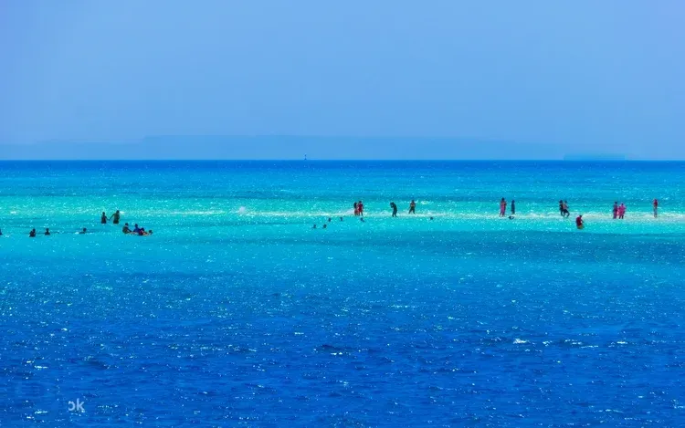 Swimmers wade on a shallow turquoise sandbar reef surrounded by deep blue sea.