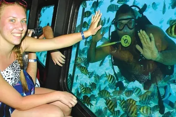 Guest at an underwater viewing window smiling and high-fiving a scuba diver surrounded by a school of striped sergeant fish