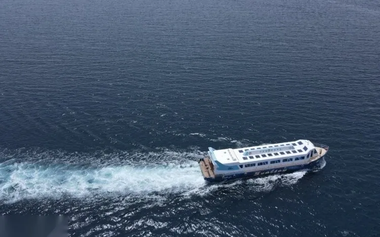 Aerial view from the boat's swim platform of snorkelers floating in deep blue water beside a wooden diving deck