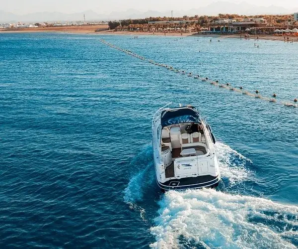 Inflatable rigid-hull speedboat with a blue canopy moored near a wooden pier, skipper standing at the wheel