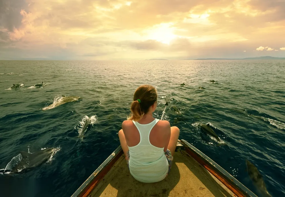 White rigid-hull inflatable speedboat with twin outboard engines cruising on calm turquoise water