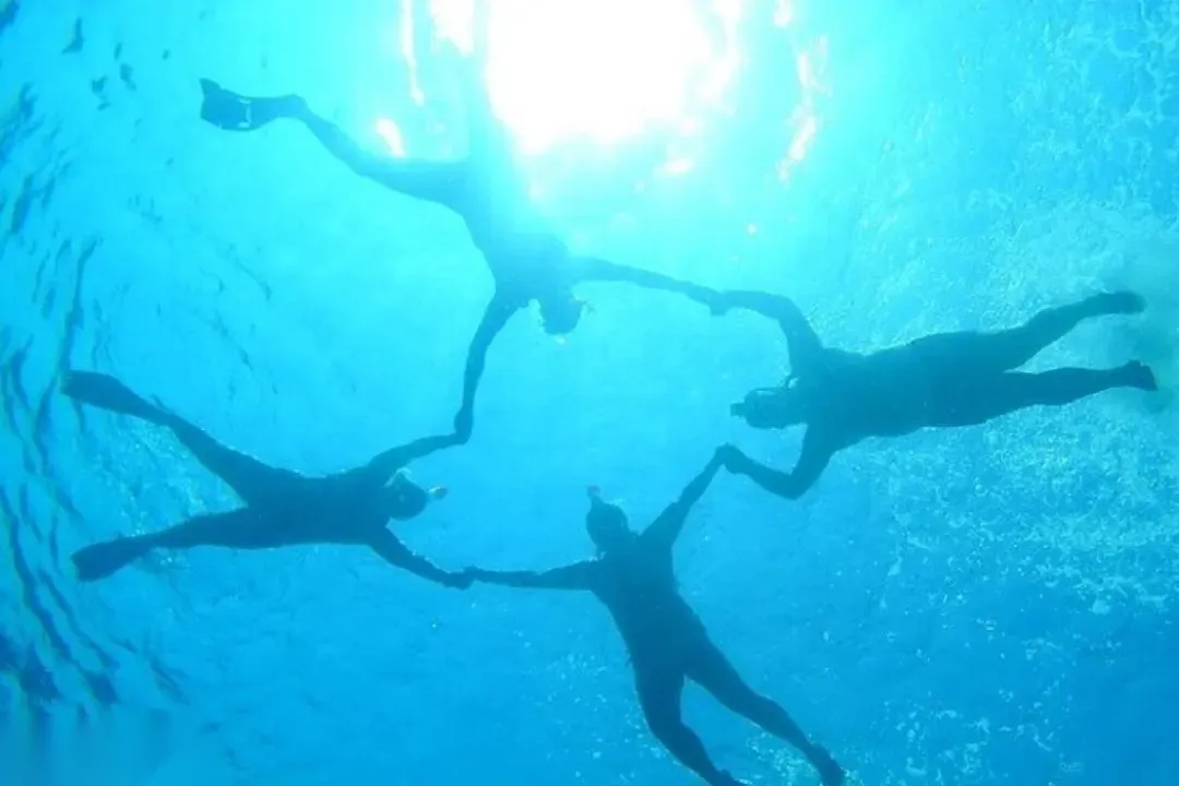 Underwater view looking up at four snorkelers holding hands in a circle, backlit by sunlight through the surface